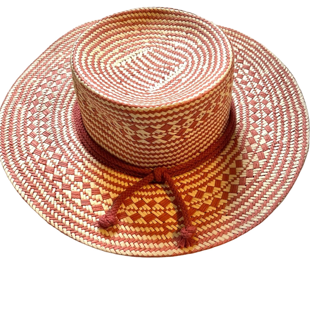Straw Woven sun hat mauve pink & cream diamond design mauve cord polyester OS